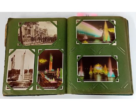 An early 20th century postcard album, to include tinted tourist sites, coloured images of the 1938 Empire Exhibition in Scotl