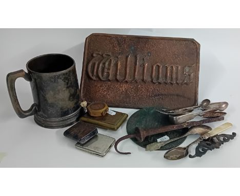 A collection of silver and plated items, to include sugar tongs, spoons, a candle snuffer, a WWI death plaque, a copper plaqu