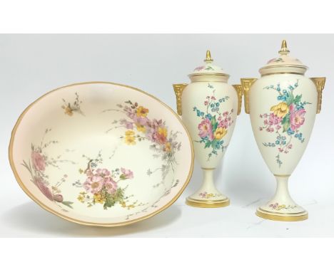 A pair of Royal Worcester blush ivory vases, gilt handles and detailing to flowers, limited edition 89/200, height 26cm, toge