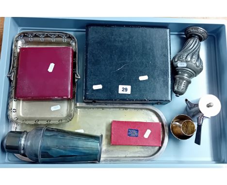 A quantity of silver plated items, to include a chocolate pot, spoons, trays, cocktail flask, large sugar duster, etc, and a 