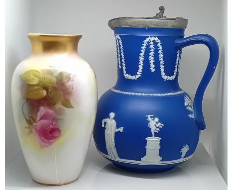 A Royal Worcester floral blush vase, mark 2227, height 18cm, together with a Wedgwood style pewter lidded tankard, height 20c