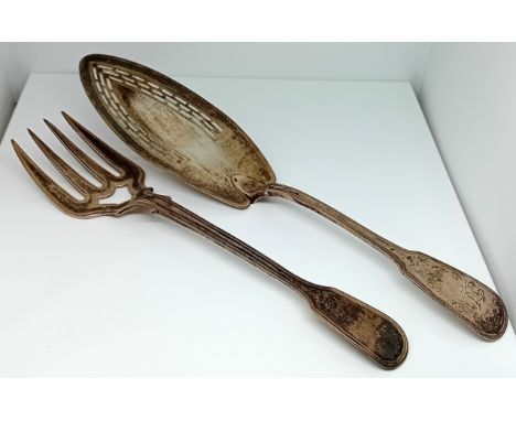 A George III silver fish slice and fork (not an original pair), with pierced decoration, hallmarked London 1802, the fork Vic