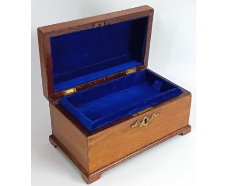 A Georgian mahogany tea caddy, with brass handle and lockplate, converted into a jewellery box with blue velvet interior and 
