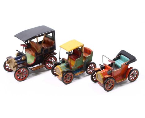 Modern Toys (Japan) group of 3 loose old timer style tinplate and clockwork/lever action models to include; Ford Model T in d