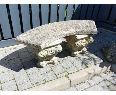 A reconstituted stone twin pedestal curved garden bench, length 125cm 