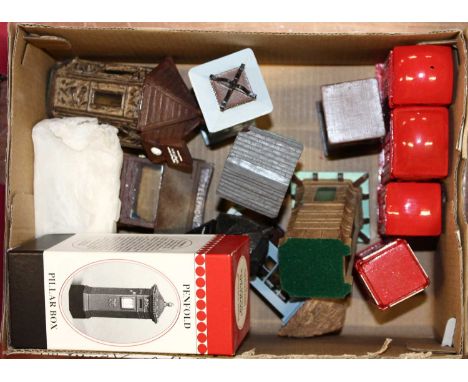 One tray containing a quantity of resin and white metal miniature Post Office pillar boxes, telephone boxes, and other roadsi