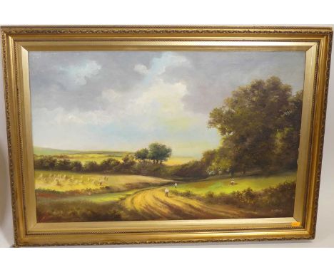 Wheeler - Extensive landscape with farmhands, oil on canvas, signed lower right, 50 x 75cm; and A. Wilkinson - Sheep grazing,