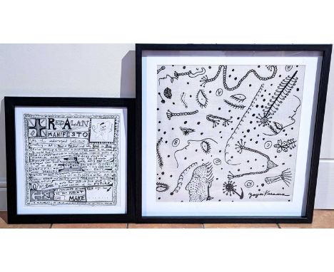 Sir Grayson Perry RA (b.1960), Red Alan Manifesto, printed napkin, 32 x 32cm, framed; together with Yayoi Kusama (b.1929), Ba