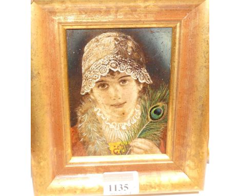 A miniature heightened portrait print; another heightened print of a courtship scene; together with a 20th century school bus