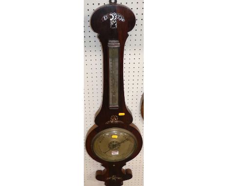 An early 19th century rosewood and mother of pearl inlaid onion topped two-dial wheel barometer (lacking button), h.95cm 