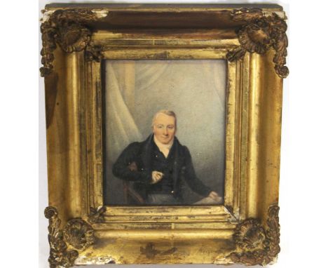 19th century English school - Half-length portrait of a gentleman wearing a black tunic, watercolour, 15 x 11.5cm 