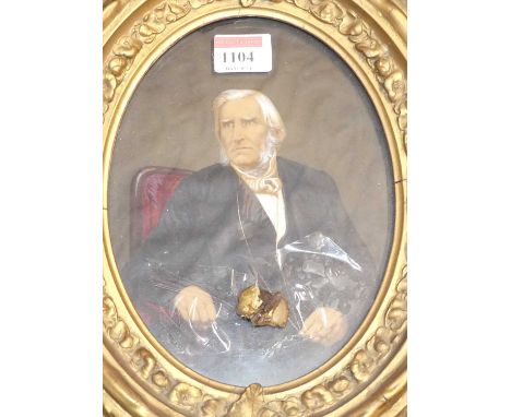 Late 19th century English school - Half-length portrait of a gentleman wearing a black tunic, watercolour framed as an oval, 