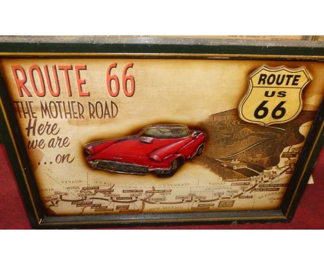 A reproduction painted wooden advertising sign for Harley Davidson; one other for Route 66; a Chad Valley bagatelle board etc