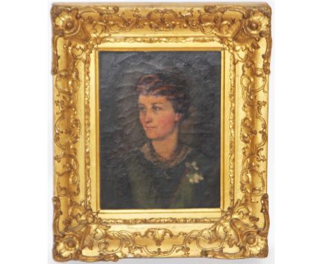 19th century English school - Bust portrait of a young lady wearing a green dress, oil on canvas, 24 x 18cm 
