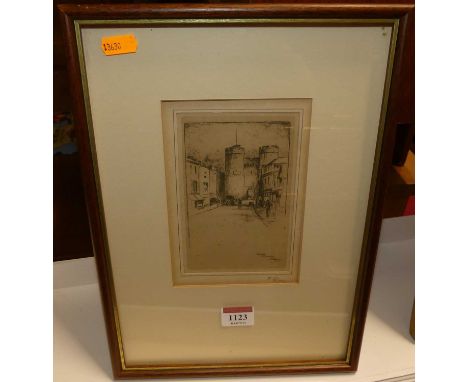 Featherstone Robson (1880-1936) - The West Gate, Canterbury, etching, signed in pencil to the margin, 14 x 9cm 
