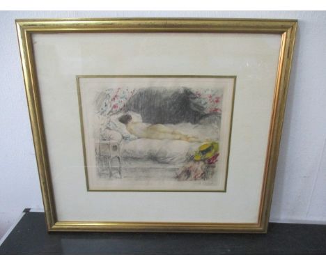 A framed lithograph after Antoine Calbet of a reclining nude