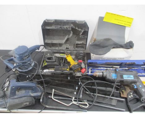 A collection of various power tools, tools and accessories including a Ferm rotary sander, Dewalt drill, Ferm planer, Nutool 