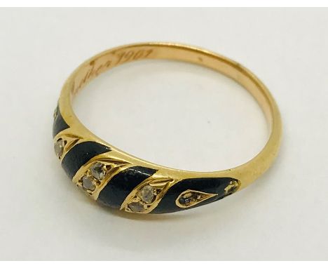 An unmarked gold mourning ring with enamel and diamonds, inscription to inside " In memory of Grandmother 1901"