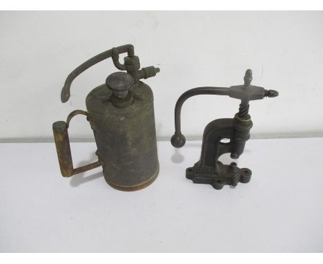 A vintage pressure sprayer, along with a Blanco (Paris) leather stud/fly press 