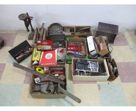 A collection of various tools and accessories including spanners, metal workers vice, pillar drill, screw drivers etc