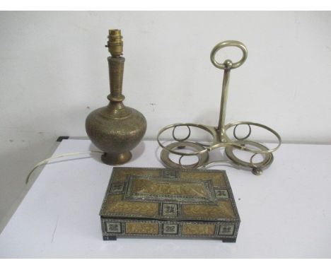 A silver plated bottle holder, Persian style lamp and a Players Cigarette tin