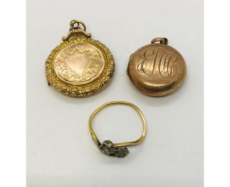 Two 9ct gold (tested) lockets. Total weight 8g. Along with a 18ct gold ring (tested. Weight 2g.