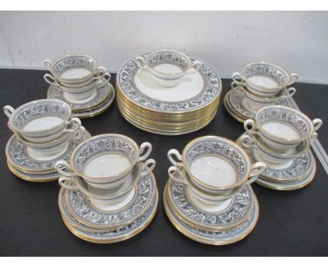 A Wedgwood "Florentine" part dinner set consisting of 12 dinner plates, 12 sandwich plates and 12 soup bowls and saucers.