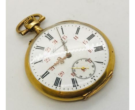 A gold plated pocket watch, the white enamel dial with subsidiary dial, Roman and Arabic numerals for 24 hours and marked "Ch