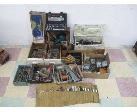 A quantity of various tools and accessories including a socket set, drill bits, files, spanners, Black &amp; Decker Power Dri