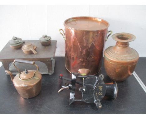 A copper urn, Spong no. 3  coffee grinder, copper kettle etc.