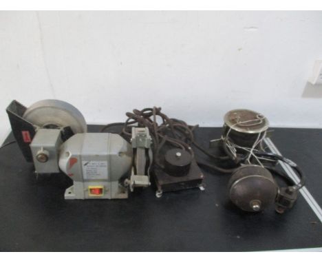 An early electric dentist drill (A/F) by Arnold Biber along with a Hilka wet &amp; dry bench grinder
