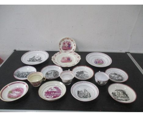A collection of antique Sunderland lustre cups, saucers etc.