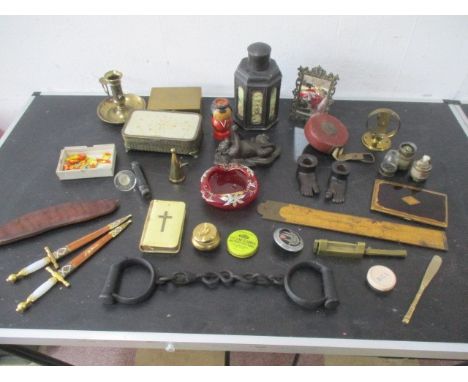 A collection of interesting items including antique hand cuffs ( no key) Oriental tea caddy, Ronson cigarette case etc.