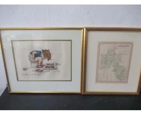 A framed French lithograph of a child reading magazines "Les affaires sont les affaires" ( Business is business) along with a