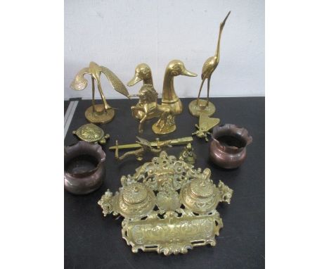 A collection of brass and copper items including an inkwell etc.