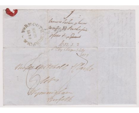 Great Britain 1839-Postal History-EL dated (21st March 1839) Yarmouth posted to Wymondham-manuscript 6 crossed out and 7 appl
