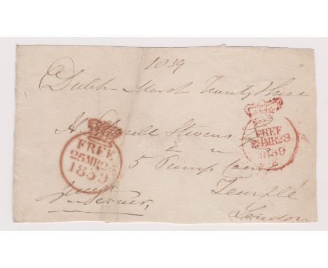 Great Britain 1839-Postal History-folded letter front posted to London with manuscript (March 23rd 1839) Dublin-2x red crown 