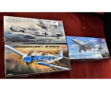 Academy Model Kits - Scale 1/72nd-(3) Airplane Kits-(1) Messerschmitt BF-109 G6-(1)Messerschmitt BF-109 G-14-(3)F51D Mustang-