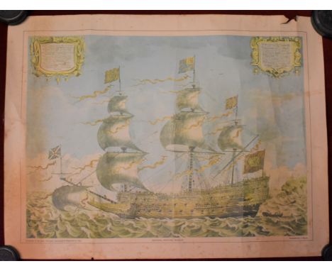 Sovereign of the Sea - Print-launched at Woolwich in 1637, picture of sailing ship coloured. Measurements 58cm x 44cm poor co