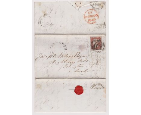 Great Britain 1846-EL posted to London cancelled with oval numeral strike on SG8 1d stamp-Ixworth undated cancel back cancell