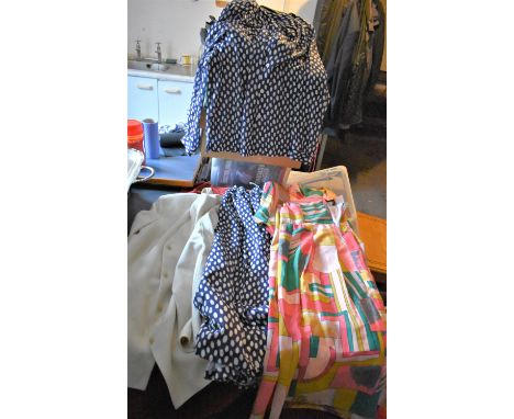 Clothes-(1)-3 piece Navy with cream spots skirt and blouse and plain cream-Jacket (Toddy) Size 16-UK-(1) pink/green skirt and