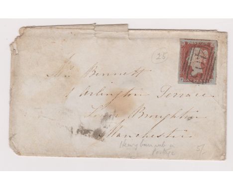 Great Britain 1845-Scruffy envelope posted to Manchester cancelled with oval numeral strike on SG8 1d stamp back cancelled 28