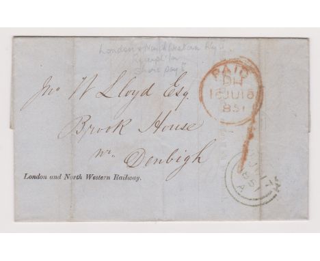 Great Britain 1851-EL.L.N.W.R share receipt document posted to Denbigh cancelled with red London paid 10.6.1857 cancel 17.6.1