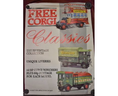 Advertising Posters (2) - Free Corgi Classics, The BP Vintage Collection, coloured poster showing red Bus, 2 Green Trucks, me