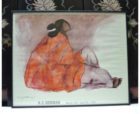 R.C. Gorman, "Meditating Figure" colour print poster from 1978, 56cm x 71cm, framed&nbsp;