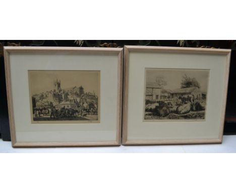 C F Tunnicliffe framed etching 19/75 'Cattle in Farmyard' &amp; Cattle market' 47/75, both framed, 20cm x 27cm