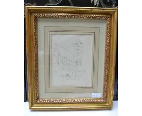 Eric Gill, architectural study, pencil drawing, 21cm x 16cm, gilt frame