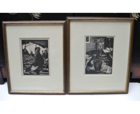 John North, print of a Pot Plant 17cm x 12cm, framed, together with a black &amp; white print of a Market Trader, 16cm x 11.5