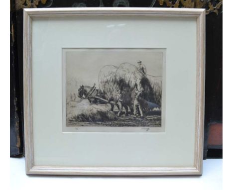 C F Tunnicliffe etching, 'Gathering in the Hay, limited edition 32/75, framed, 17cm x 22cm&nbsp;