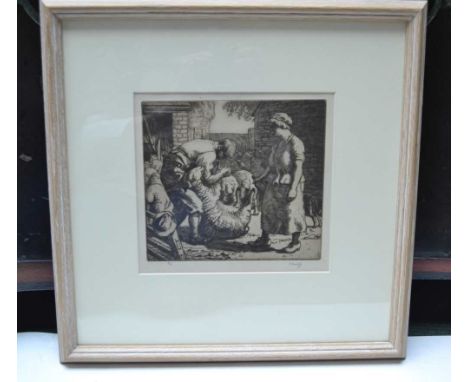 C F Tunnicliffe etching, 'Sheep Shearing', limited edition 56/75, framed, 17cm x 19cm